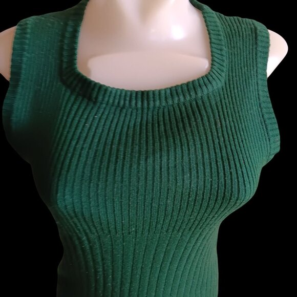 Women's Medium Vintage Sweater Green Ribbed Knit Sleeveless Top 70s Knit - Picture 2 of 5